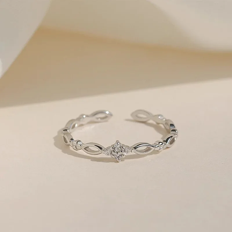 

925 Sterling Silver Geometric Four Leaf Clover Zircon Adjustable Opening Ring for Women Fine Jewelry Minimalist Accessories