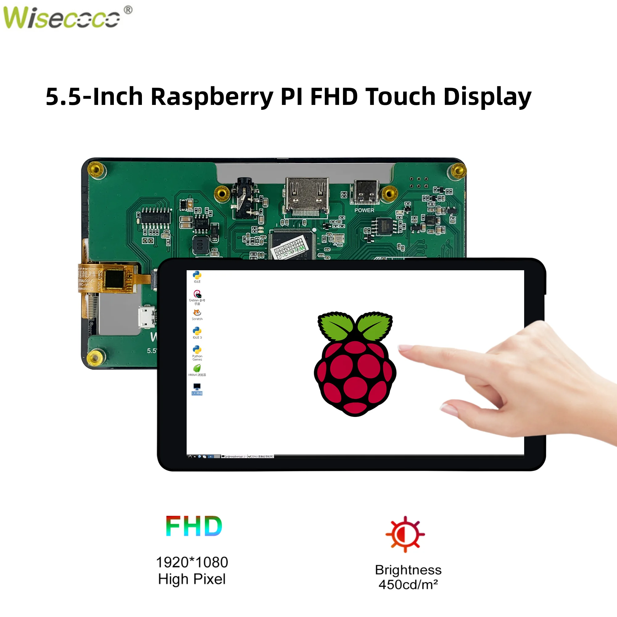 Wisecoco 5.5 Inch FHD 1920*1080 Touchscreen Type-C USB HDMI Portable Monitor for Raspberry Pi 5 4 4B 3 3B BB+ Banana Pi win