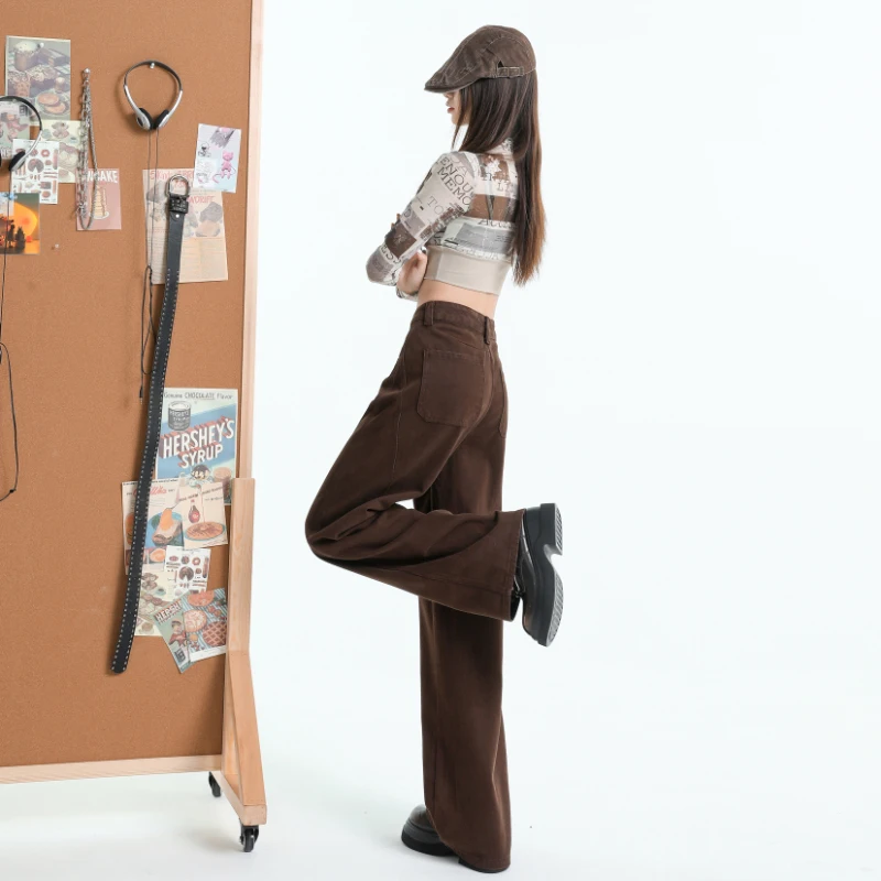 Jeans coreani Sle Thi in velluto marrone a gamba larga Jeans da donna autunno inverno a vita alta taglio dritto lunghezza pavimento pantaloni alla moda