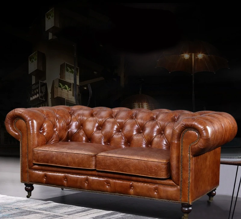 

Retro oil wax first layer real cowhide pull-up sofa living room single and double three-person combination