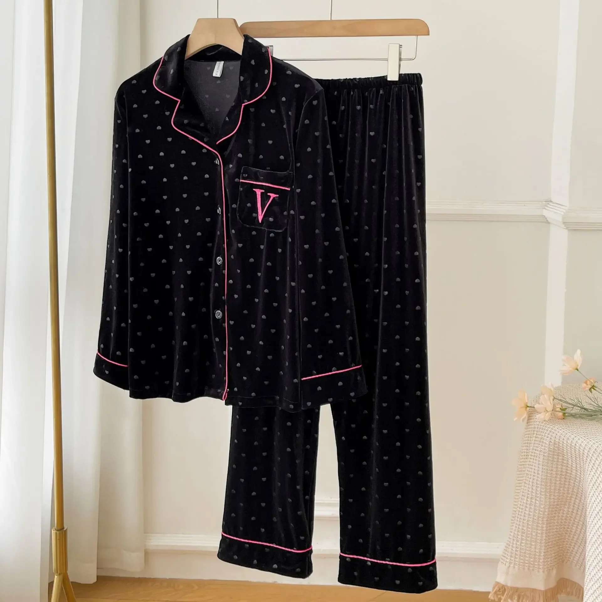 Velvet Dot Print 2Pcs Top&pants Lady Warm Home Clothes Autumn Winter New Pajamas Sexy Trousers Suit Loose Sleepwear Women Pjs