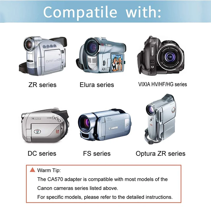 CA-570 Adapter/ładowarka do Canon R60 ZR65MC ZR70MCDC10 DC100 DC19 DC20 DC21 LEGRIA HF G30 XA10 XA20 XA25 XC10 Canon EOS 5D EOS 4