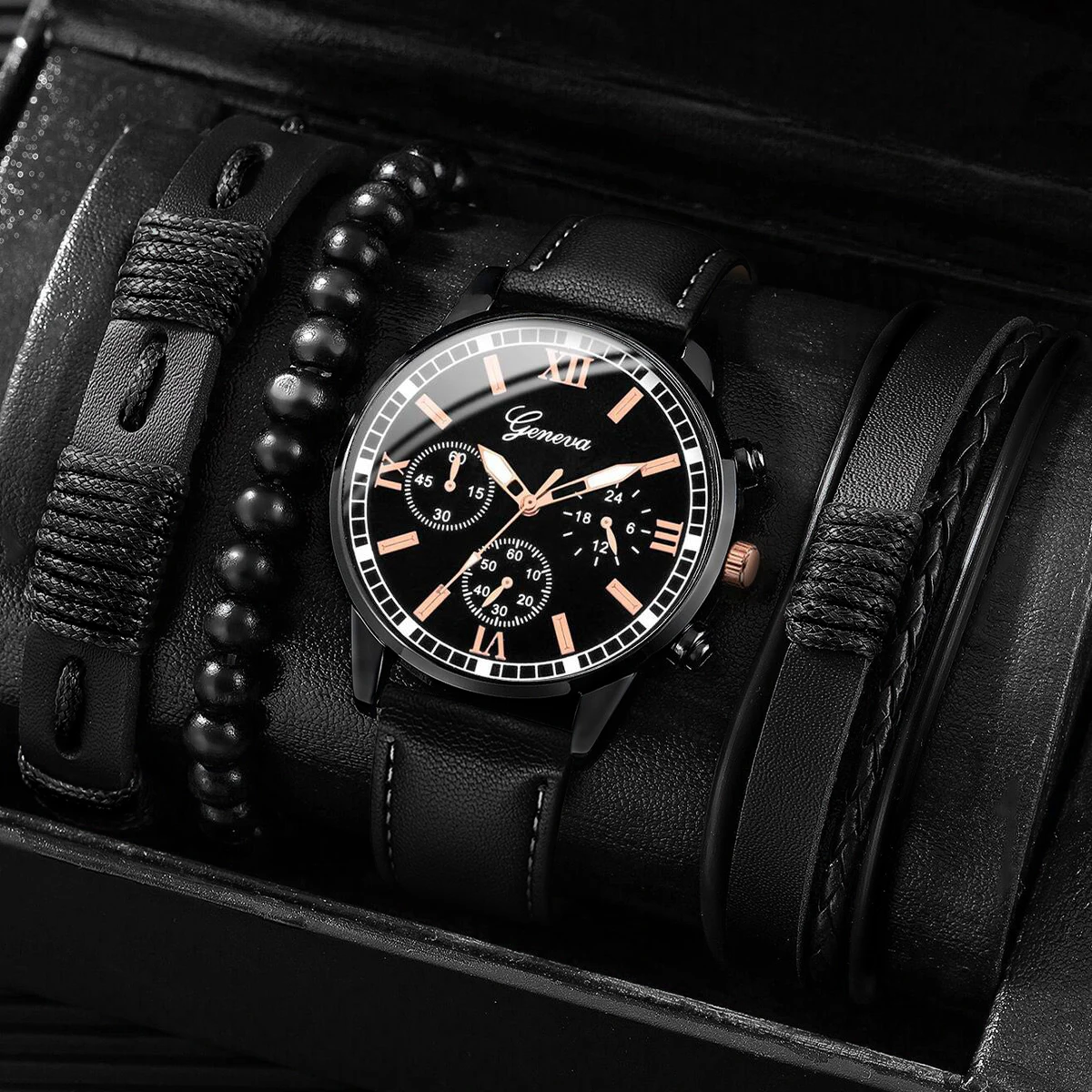 4 قطعة/المجموعة أزياء الرجال كوارتز ساعة أساور مجموعة عارضة حلقة من جلد الذكور الأعمال الساعات Relogio Masculino (بدون صندوق)