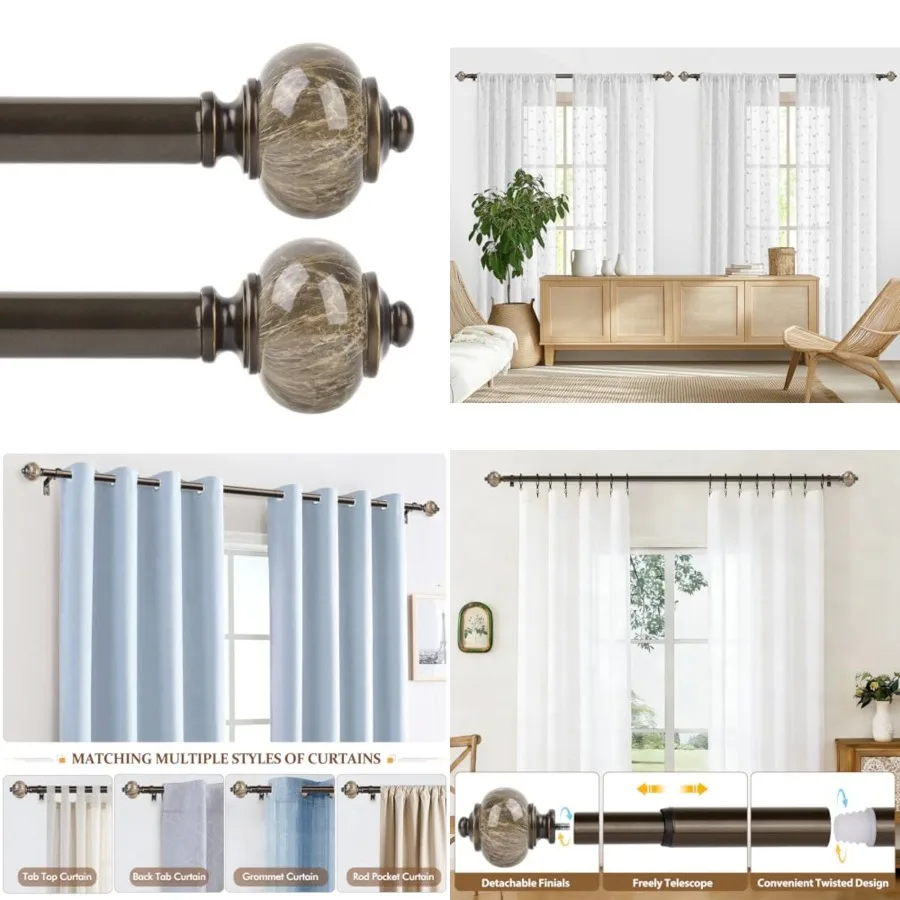 

2 Pack Curtain Rods 32 to 58 Inch 2.6-4.8ft,1 Inch Single Curtain Rod for Windows, Decorative Drapery Rod with Marble End, Anti