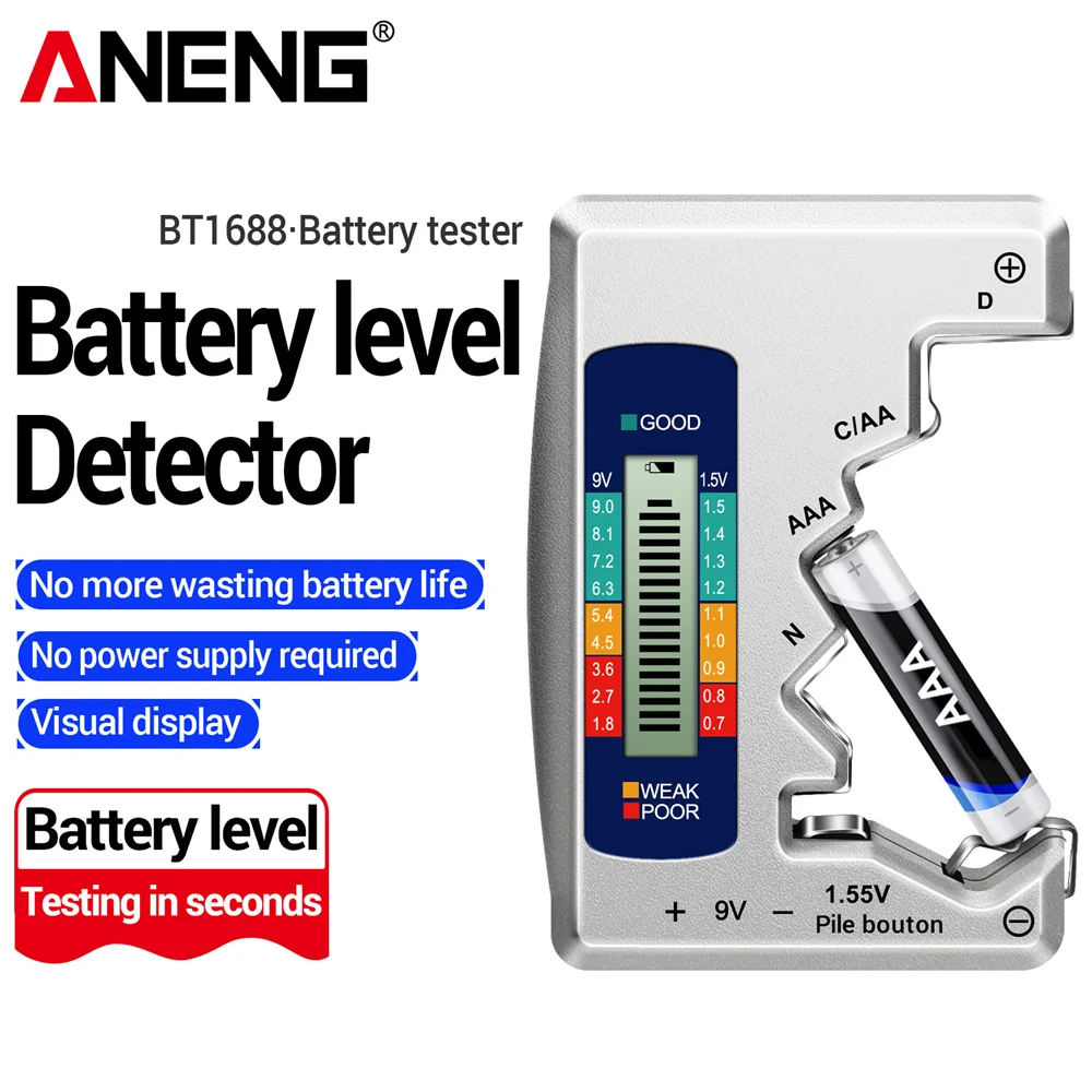 ANENG BT1688 Battery Tester Digital  AA AAA D N 9V 1.55V Button Cell Battery LCD Display Capacity Check Detector Capacitance Too