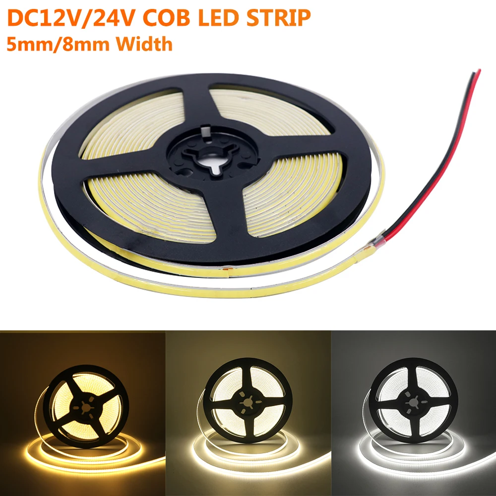 

5mm/8mm Width COB LED Strip Lights 12V 24V 5M 4M 3M 2M 1M 0.5M 320LEDs/M High Density Flexible LED Tape For Home Room Decor