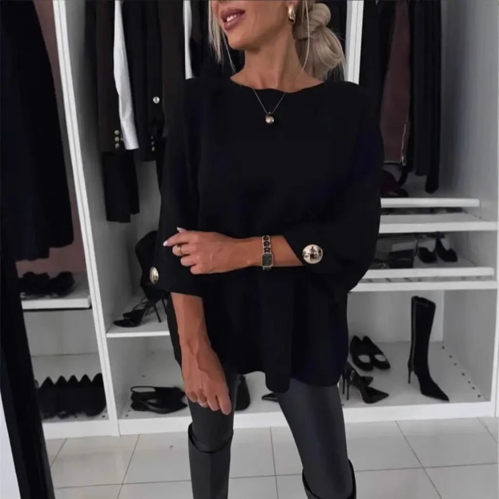 

Women's Solid Color round Neck Sleeve Knitted Top Casual Style for Autumn European And American Fashion Trend