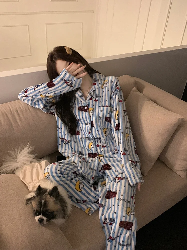 

Snug Fit Coral Fce Pajamas Women's Thiened Warm Home Clothes Spwear Set Long Sve Button Decoration Long Pants
