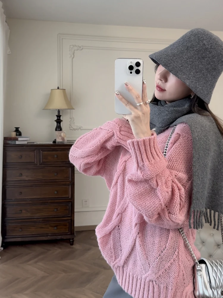 

Воздушный большой свитер розового цвета с цветочным узором V-Ne Long Sve Свободный крой для поездок на работу Осень Сезон Полиэстер Нейлон Смесь