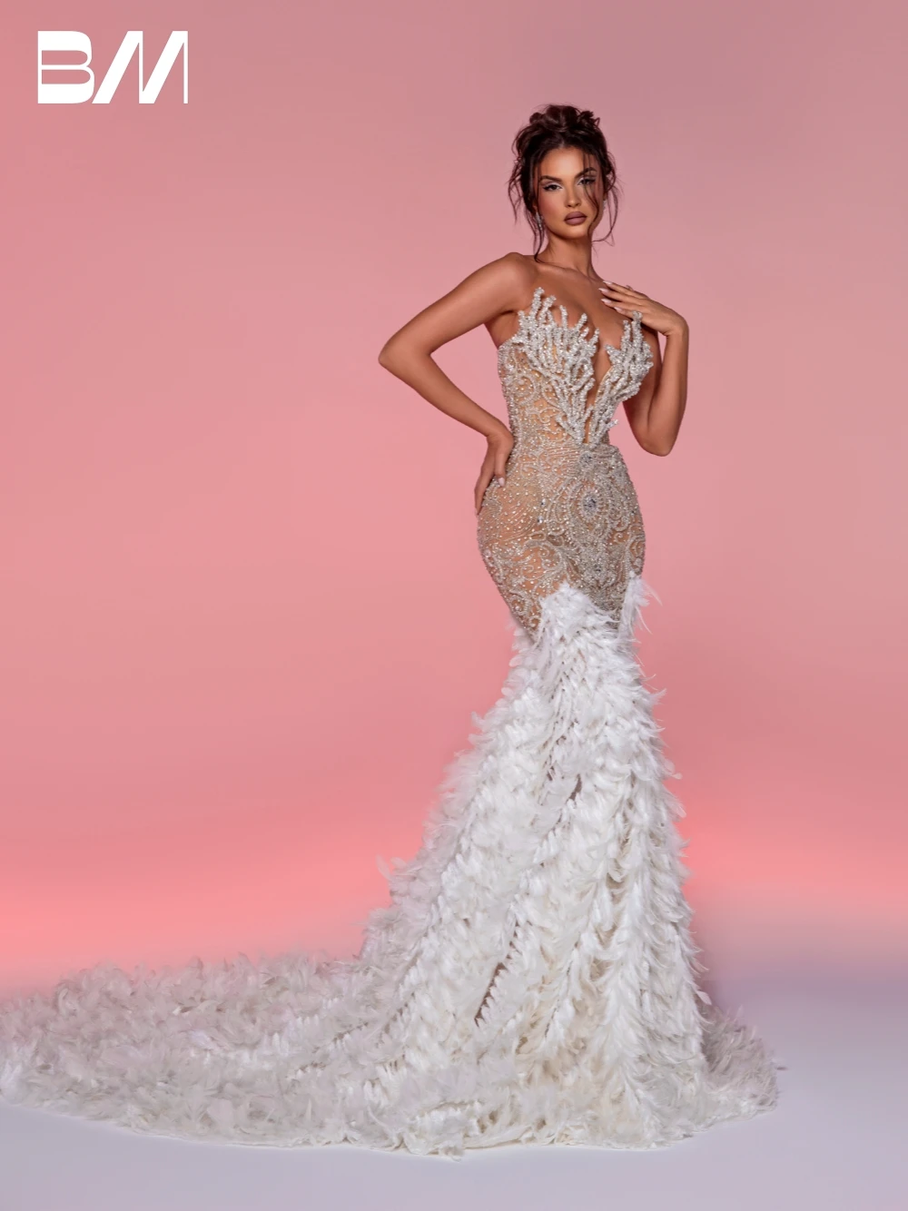 

Stunning V Neck Mermaid Evening Dress Luxurious Crystals Beaded Feathered Prom Gown Customized Party Celebrity Formal Wear