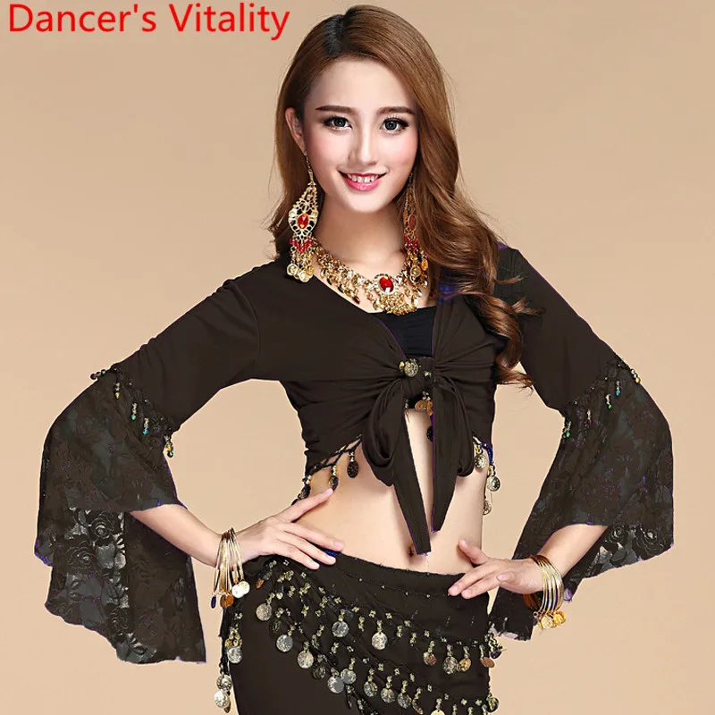 New Belly dance top Lace belly dance Flared Sleeve Cut out bandage top Oriental dance training top Indian dance Clothes costumes