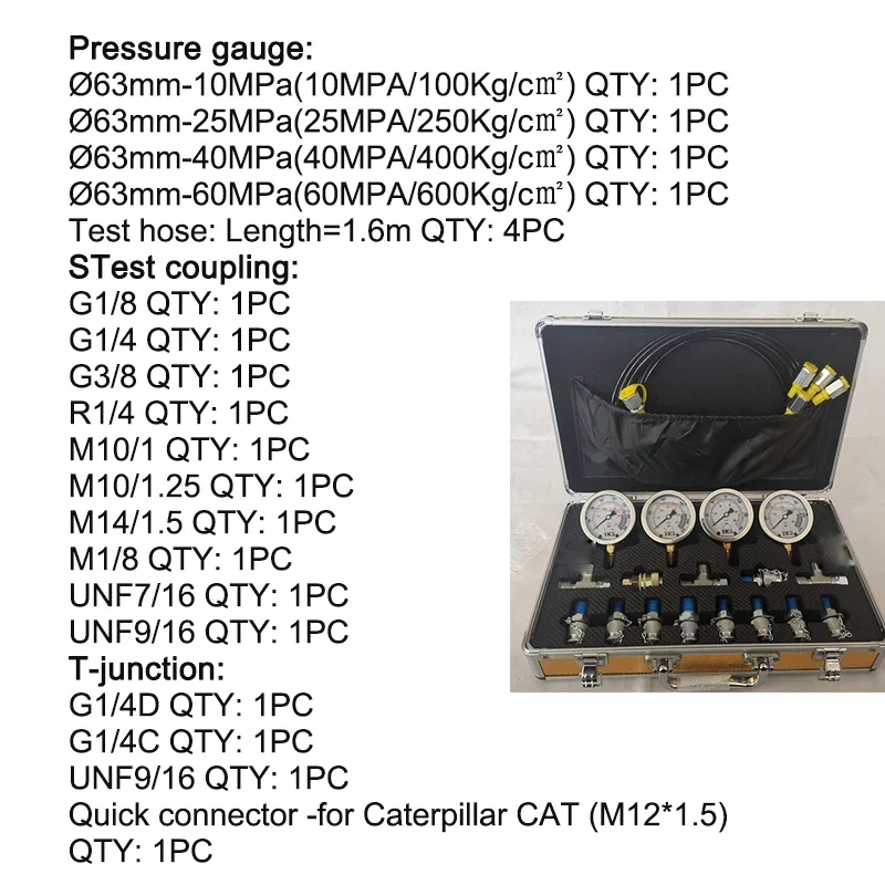 Portable Excavator Pressure Gauge Hydraulic Test Kit Repair Tools Include 9 Joints And 4 Gauges Suitable For Smelting Mining
