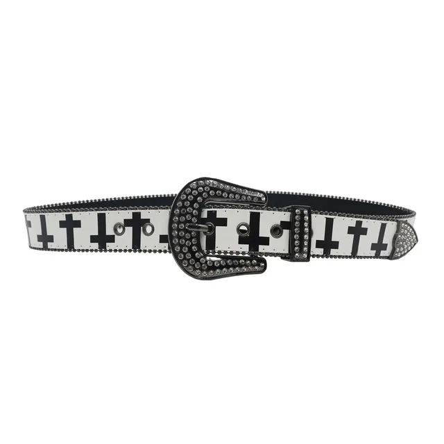 New black and white cross rhinestone printed belt Y2K