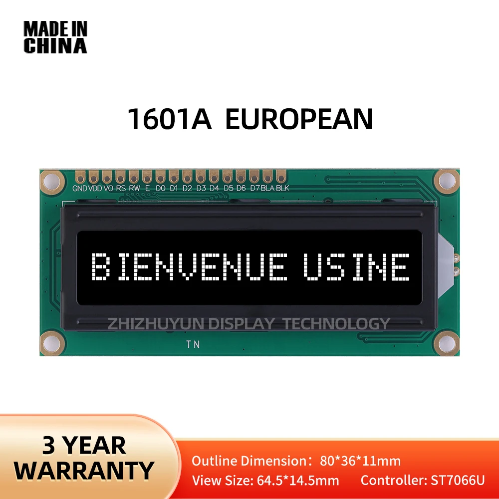 Ecrã LCD europeu, filme preto BTN, módulo multilingue, controlador ST7066U, 80x36x11mm, 1601A