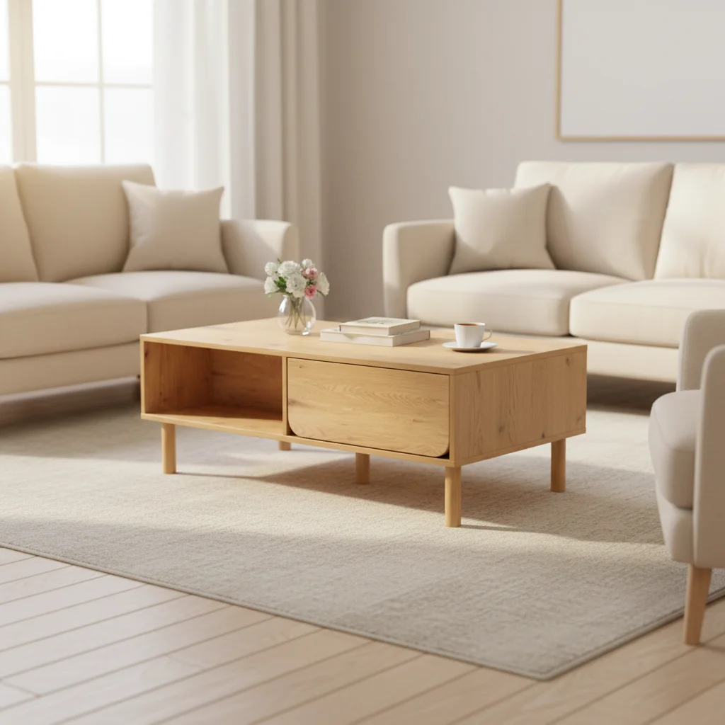 xx-Mid Century Modern Center Table with Storage Drawer and Open Shelf for Living Room^