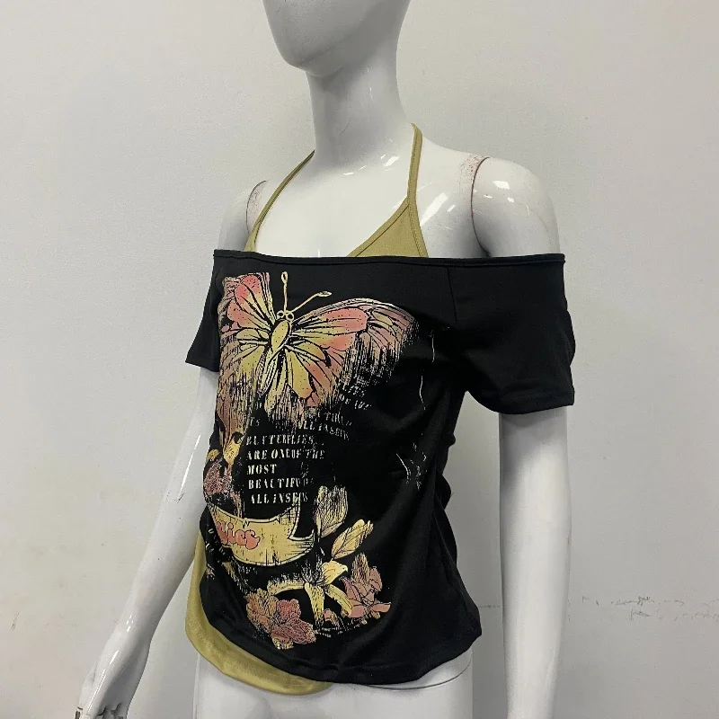 Camisetas Vintage de dos piezas falsas con cuello Halter para mujer, Tops cortos ajustados estéticos Y2k, camiseta Sexy informal Harajuku con estampado Grunge de verano