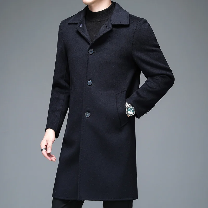 Quiet Luxury Men Woolen Blend Overcoat Black Navy Gray Warm Cashmere Coat Back Split  Winter Autumn British Style Garment OOTD
