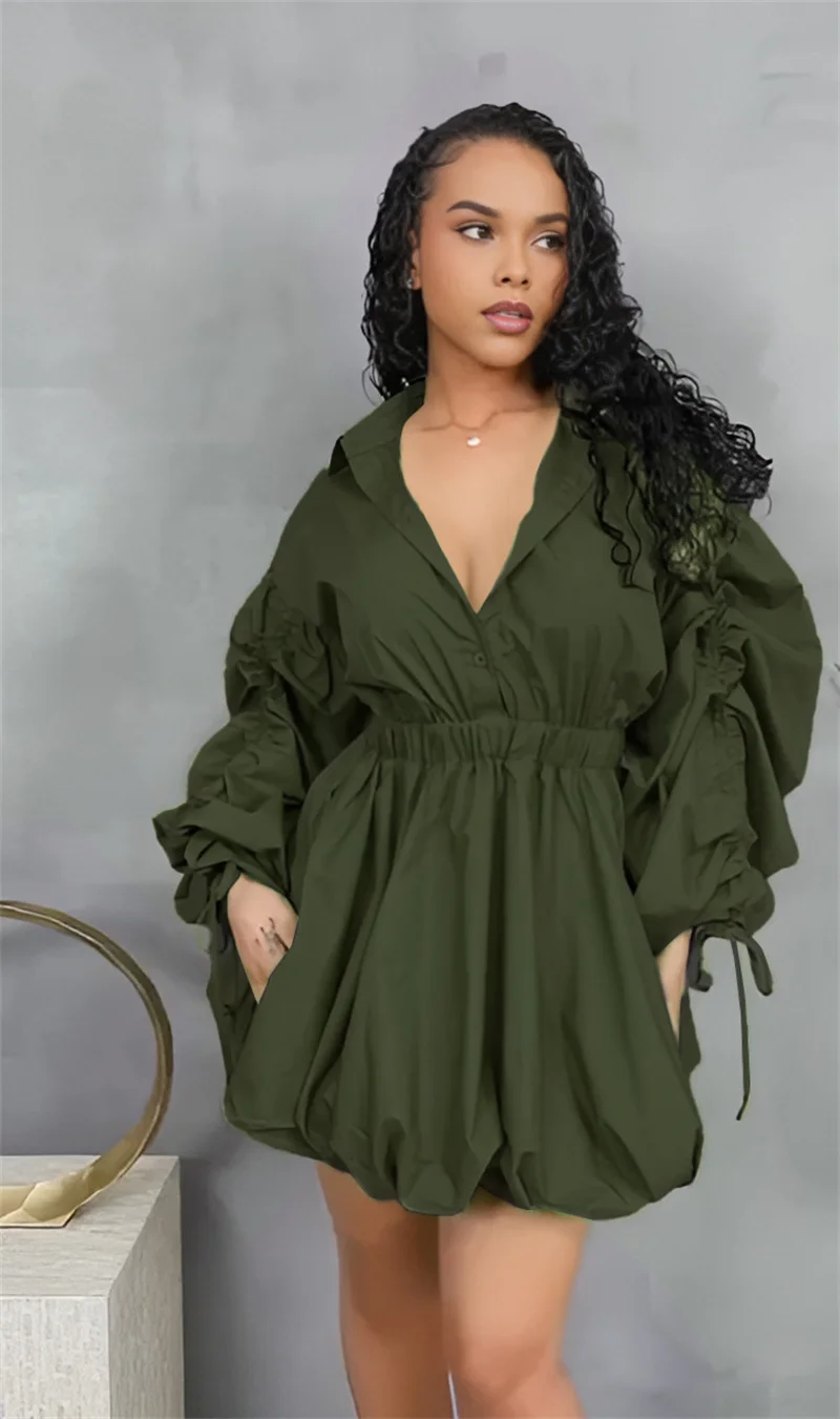 Doyerl Sukienka koszulowa damska z długim rękawem, marszczona, ze sznurkiem, kołnierzykiem, zapinana na guziki, z wysokim stanem, na imprezę klubową, w kształcie litery A, bufiaste mini