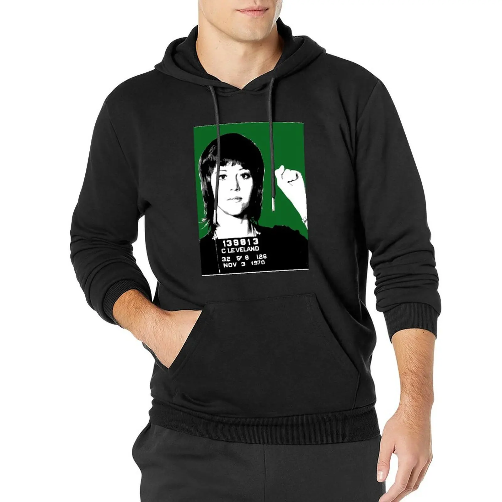 Jane Fonda Mug Shot - Green Pullover Hoodie men's winter sweater anime clothes japanese hoodie