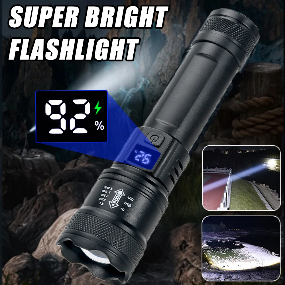 High Strong Power Led Flashlights 2000LM Tactical Torch with Display Light USB Charging Camping Fishing Emergency Zoom Lantern