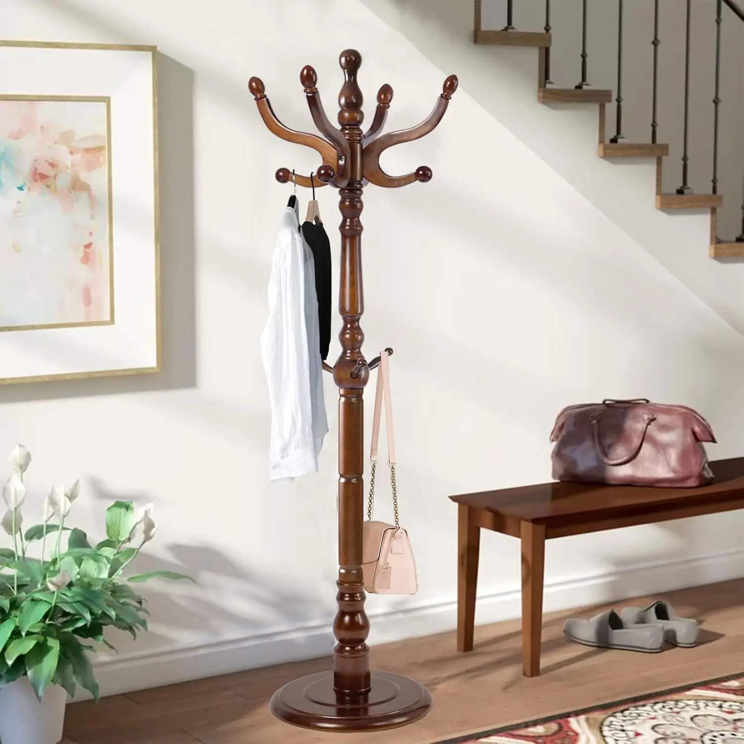 Heavy Duty Coat Rack Freestanding with 11 Smooth Hooks, Coat Tree, Vintage Clothes Hanger Stand with Stable Disc Base for Bedroo