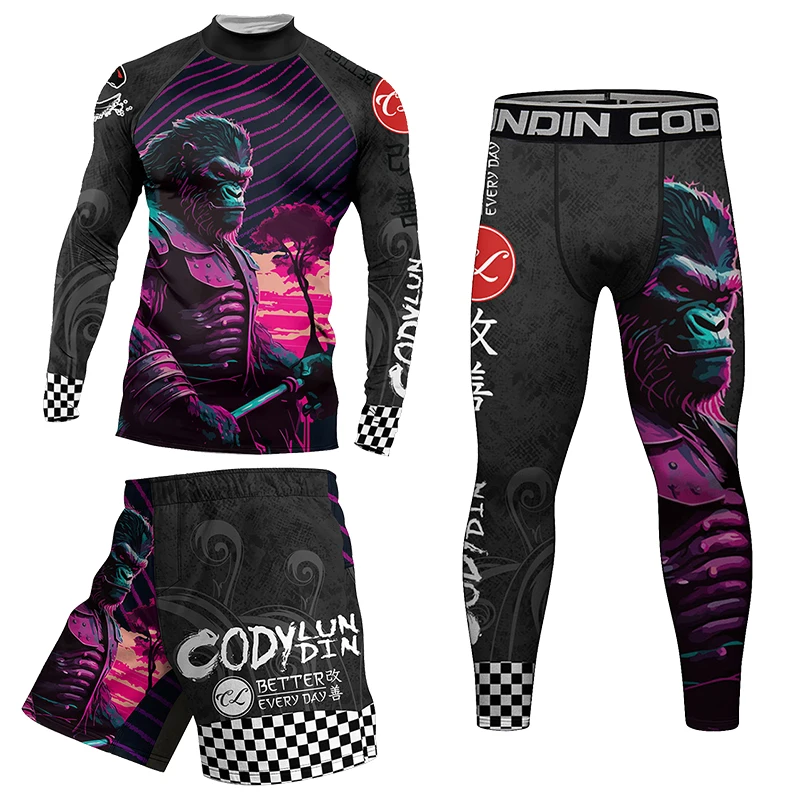 Hign NeckCompression MMA T Shirt+Pants Muay Thai Shorts Men jiu jitsu BJJ Rashguard Fitness Tracksuit Boxing Jerseys Sport Suit - Image 6