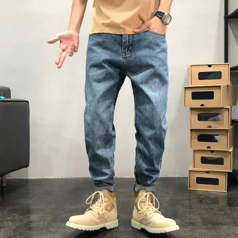 American European New Fashion Men's Blue Washed Straight Loose Casual Trendy Denim Trousers Male Jeans Pants Streetwear Clothes
