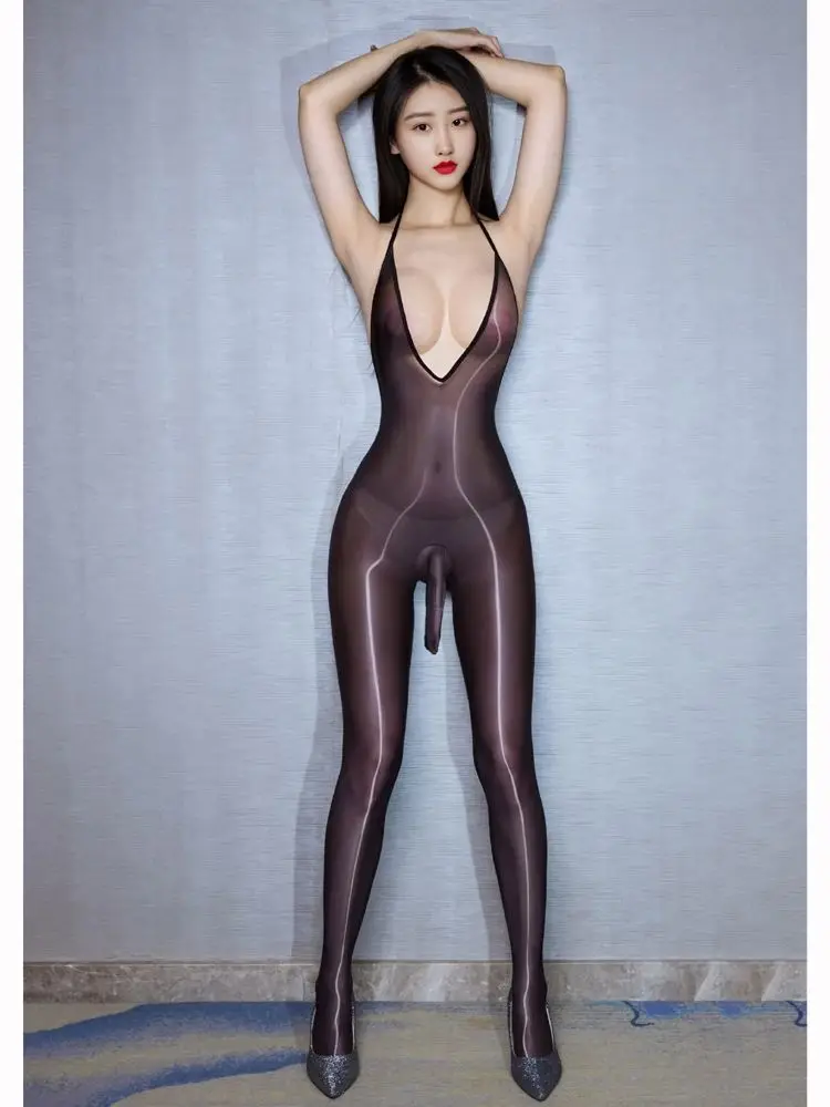 Unisex Halter Diepe V-hals Nylon Catsuit Bodystocking Peniskoker Open Kruis Body Panty's Turnpakje Siamese Lingerie Unitard