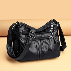 High Quality Women Soft Leather Shoulder Bag Black Crossbody Bags Casual Large Capacity Multi Pocket Wallets