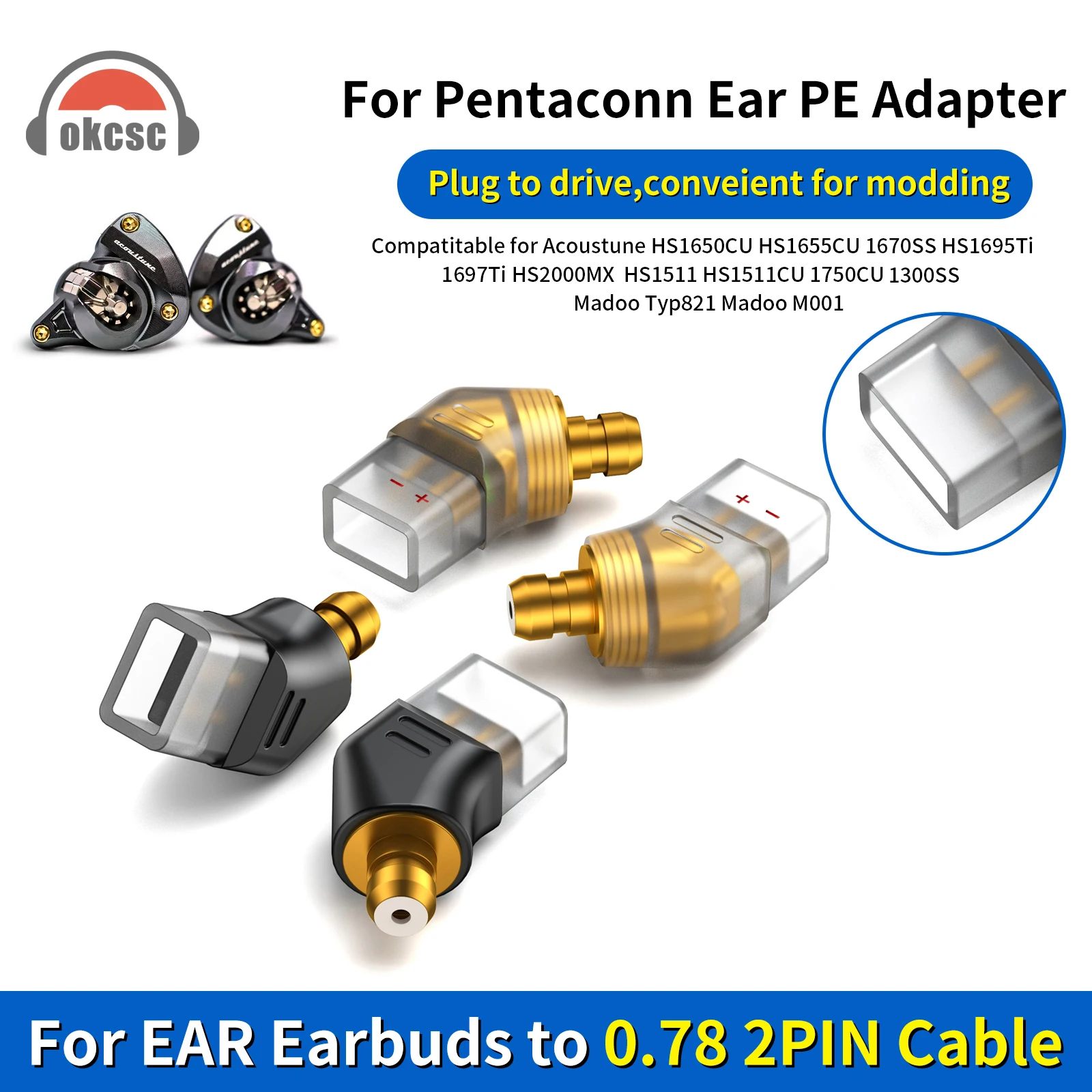 OKCSC 0.78 2 Pin Female EAR Male Earphone Adapter to Earphones Earsets for Pentaconn Ear PE/Acoustune HS1650CU/HS1655CU/1670SS 