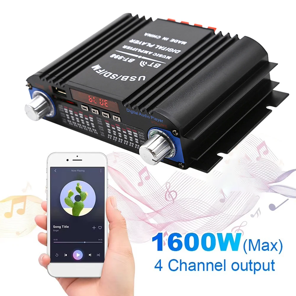 1600W Peak Power HiFi Sound Amplifier Digital 4 Channel Audio Amplifier Bluetooth Karaoke Player FM Radio Support Remote Control