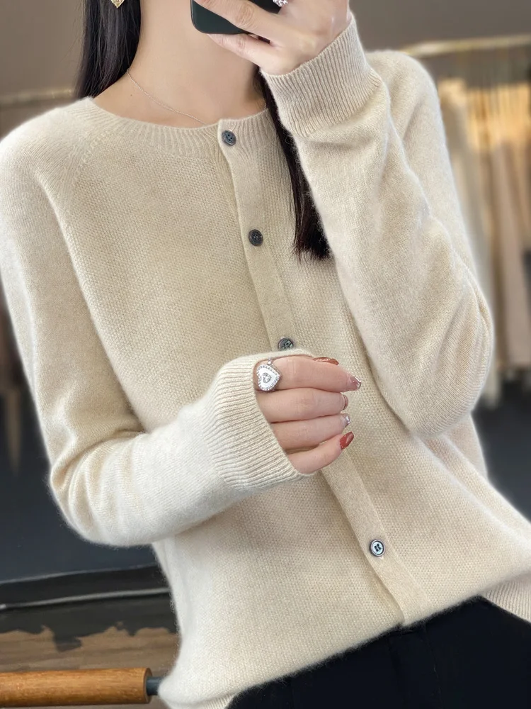 Aliselect New Fashion Women Clothing 100% Merino Wool Sweater O-Neck Long Sleeve Spring Autumn Winter Cardigan Knitwears Tops