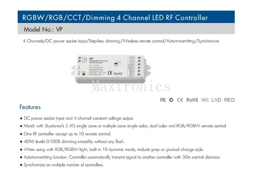 VP RT9 Remote LED RF Controller 4 Channel RGBW /RGB/CCT/Dimming 12V-24V DC Constant Voltage 4 in 1 2.4G RF Wireless Receiver