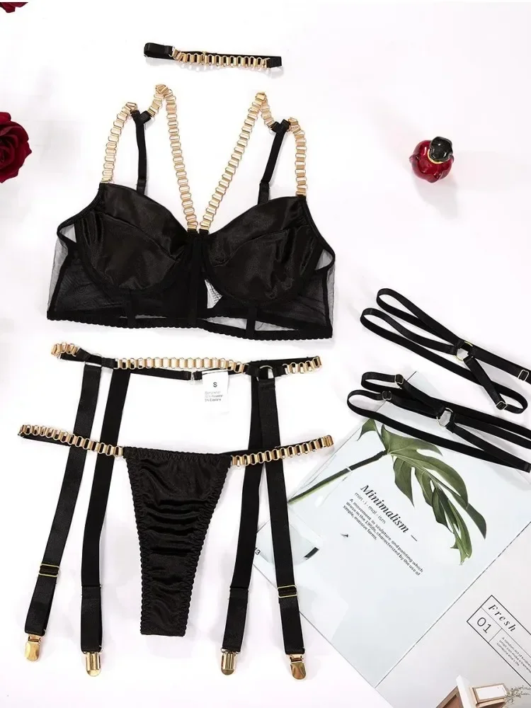 Women Sexy Lingerie Set Underwear Chain Straps Bra Panties Garter Leg Ring Set Intimate Outfit Sensual Sleepwear Porno Nightwear