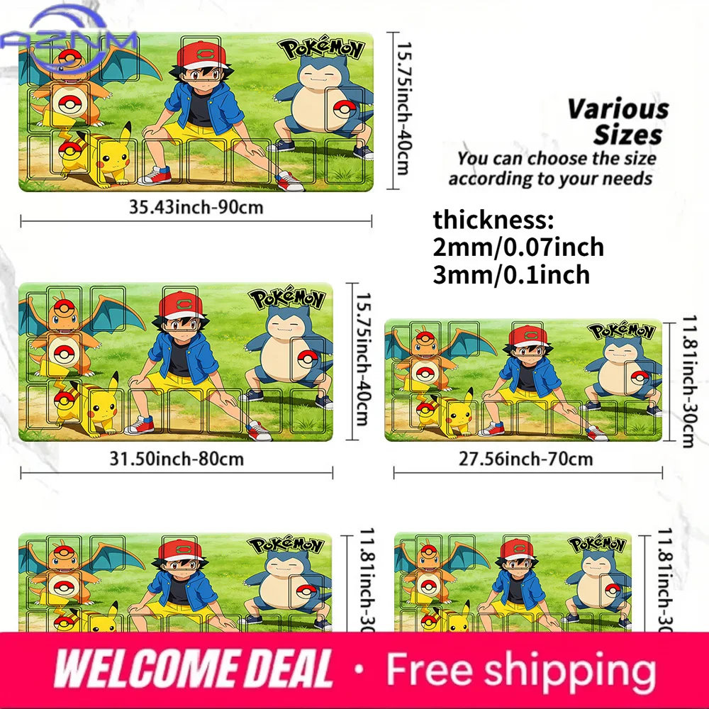 

Pokemon Ash Pikachu Charizard Snorlax TCG Playmat 2mm/3mm Non-Slip Card Game Mat Multi-Size