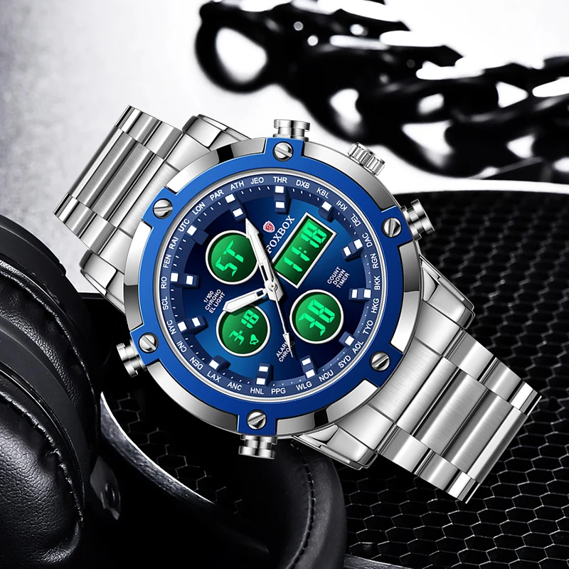 FOXBOX LIGE Electronic Man Watch Stainless Steel Luxury Casual Waterproof Luminous Clocks Chronograph Alarm Dual Digital Watches