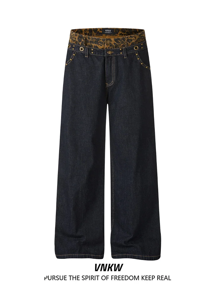 Calças Jeans Americanas Retro com Estampa de Leopardo, Corte Largado e Casual para Homens e Mulheres