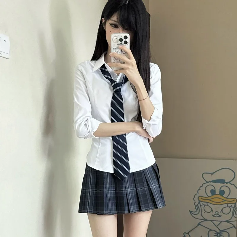 Deeptown White Basic Preppy Women Shirts Long Sleeve Turn Down Collar Japanese Fashion Slim Blouses Jk Solid Color Aesthetic