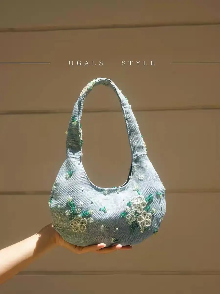 

Fashion Blue Denim Hobo Bag Beads Beaded Floral Women Handbag Luxury Clutch Purse Female Shoulder Underarm Bag Casual Bag