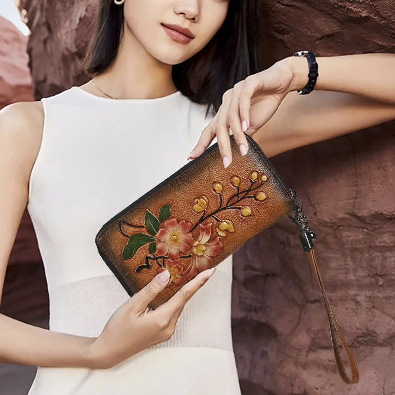 Vegetable-tanned leather genuine leather ladies' wallet, double zipper, long embossed, hand-painted, high-end wallet