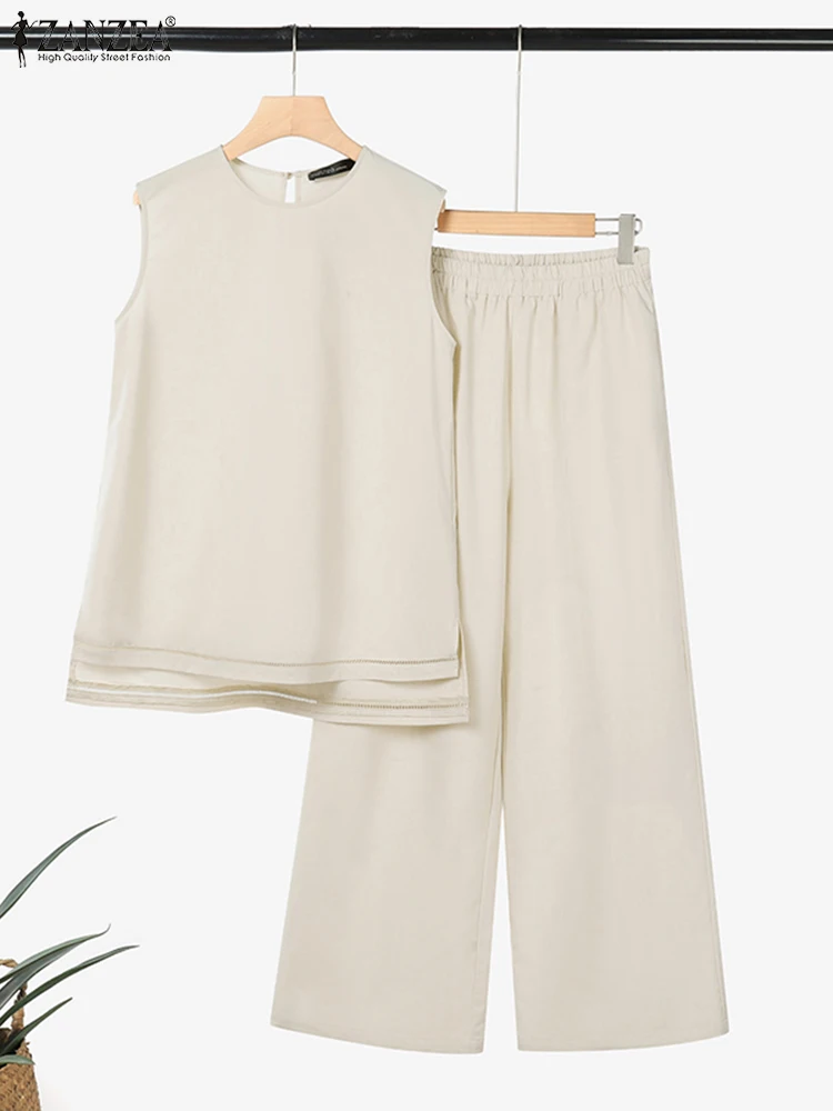 

ZANZEA Wide Leg Pants 2025 Summer 2PCS Outfits Women O-Neck Lace-Insert Hem Sleeveless Blouses Casual Fashion 2 Piece Pant Sets