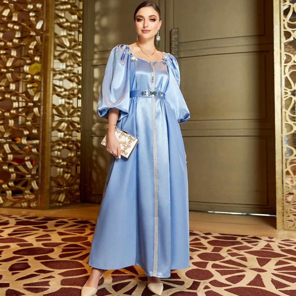 

Elegant Muslim Dress Women Eid Abayas Robe Butterfly Puff Sleeve Glitter Quicksand Dresses Ramadan Caftan Abaya Jalabiya