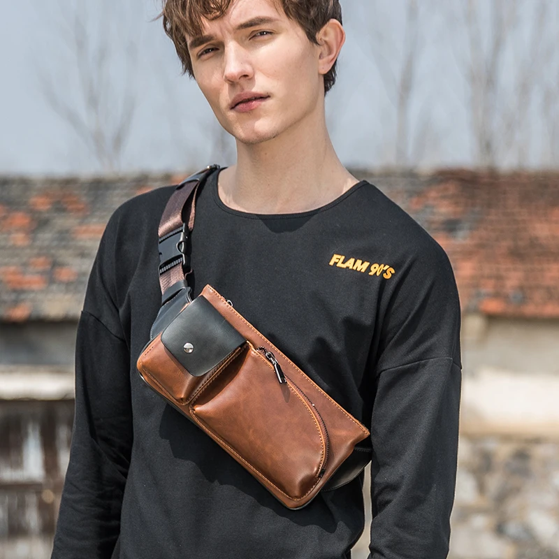 Xiao.P Crazy Horse PU Leather Men Chest Bag Travel Crossbody Bag Vintage Pocket Single Shoulder Bag Brown Multifunction Bag