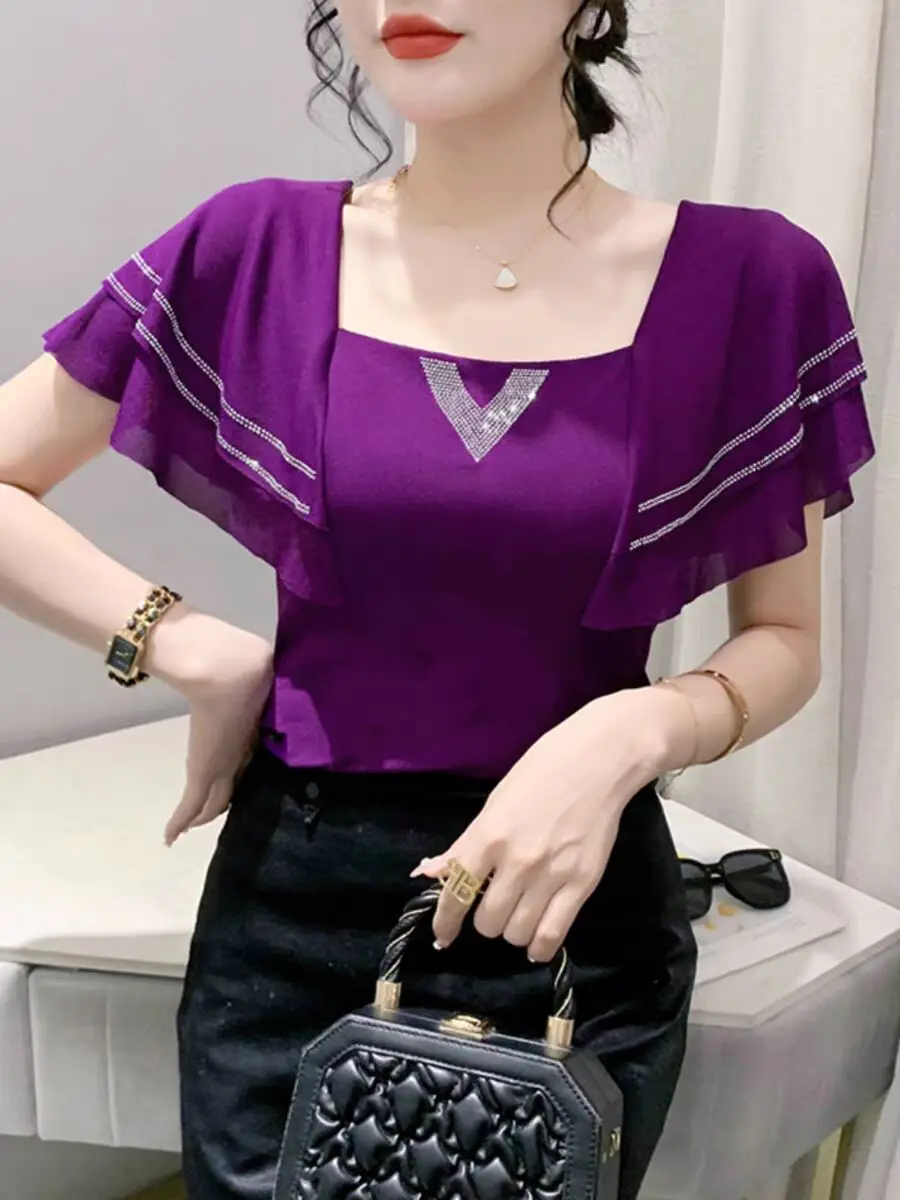 

2024 New Arrival Diamond Set Solid T-shirt Spring Summer Backless Woman M-3XL Short Sleeve Square Collar Butterfly Sleeve