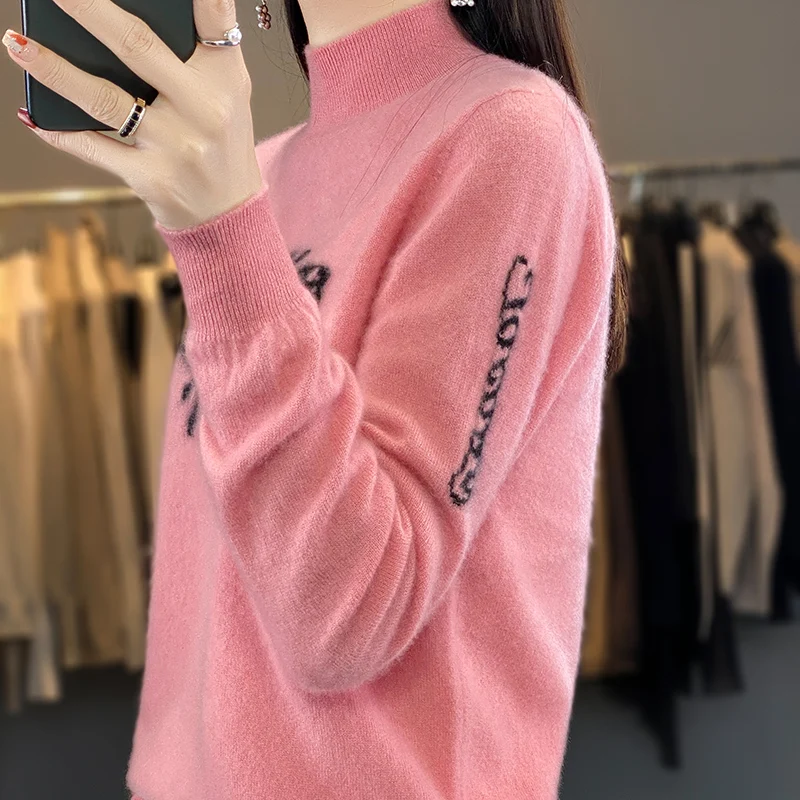 Autumn and Winter Women's Pullover Embroidered Pure Wool Knit Sweater Keep Warm Fashion Loose Half High Ccollar Base Top MT8127