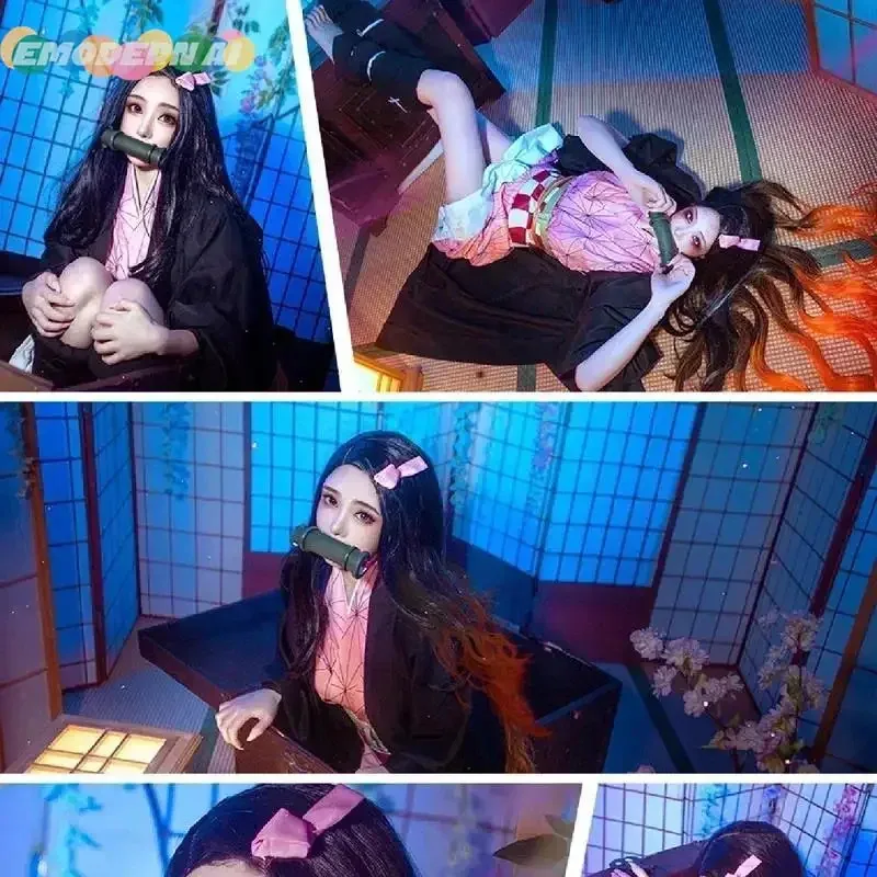 Kamado Nezuko Cosplay Costume Anime Kimono Kamado Nezuko Wig Uniform Men Halloween Women Kids Clothes