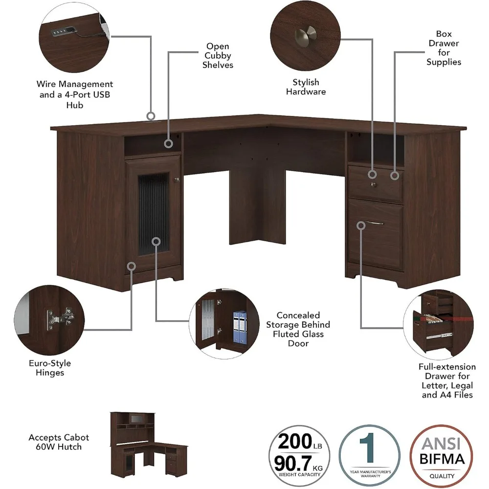 Modern Walnut 60W L-Shaped Desk with Hutch and File Cabinet