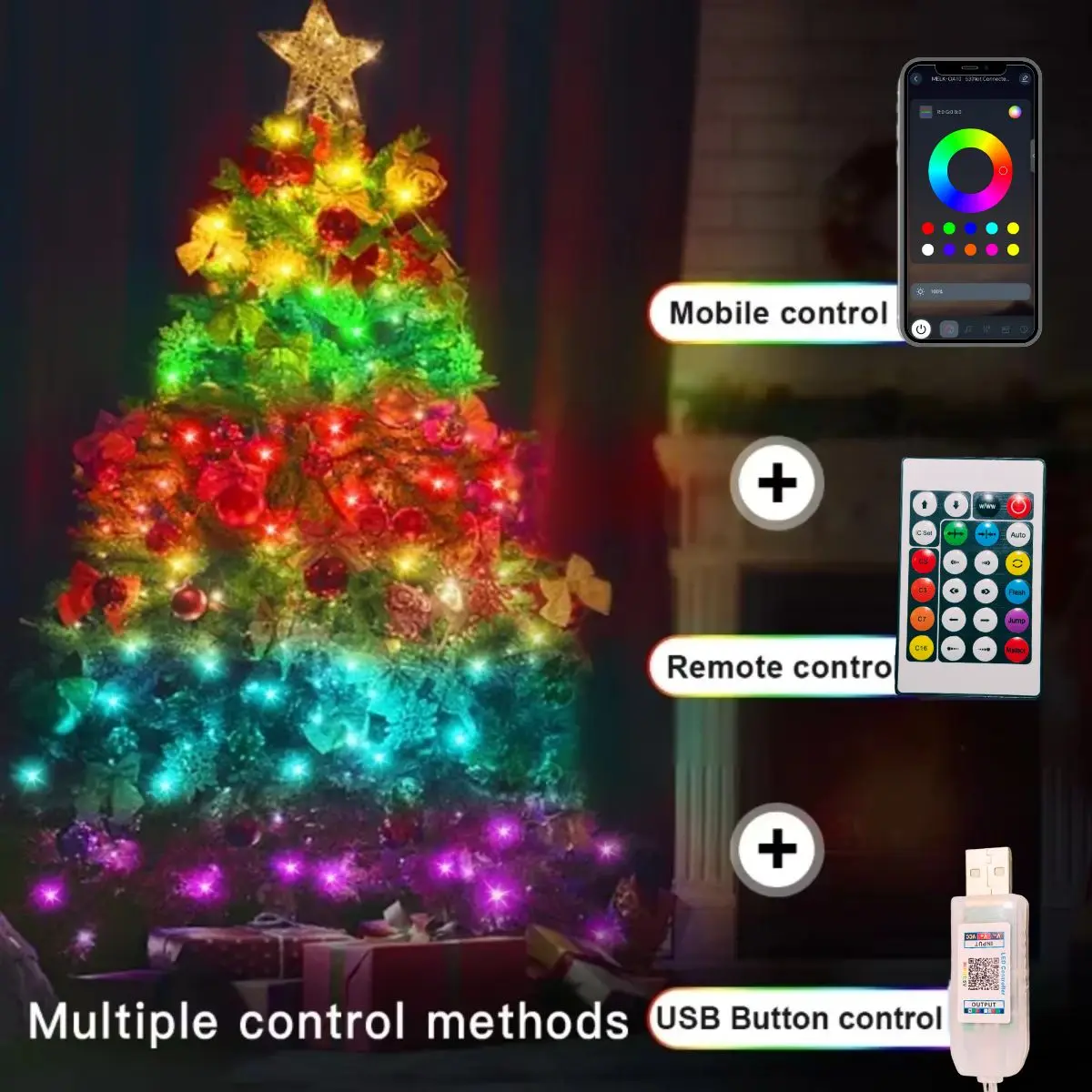 LED Christmas Lights Fairy String Lights APP Control and Remote Control Addressable Curtain Lights Christmas Party Decoration