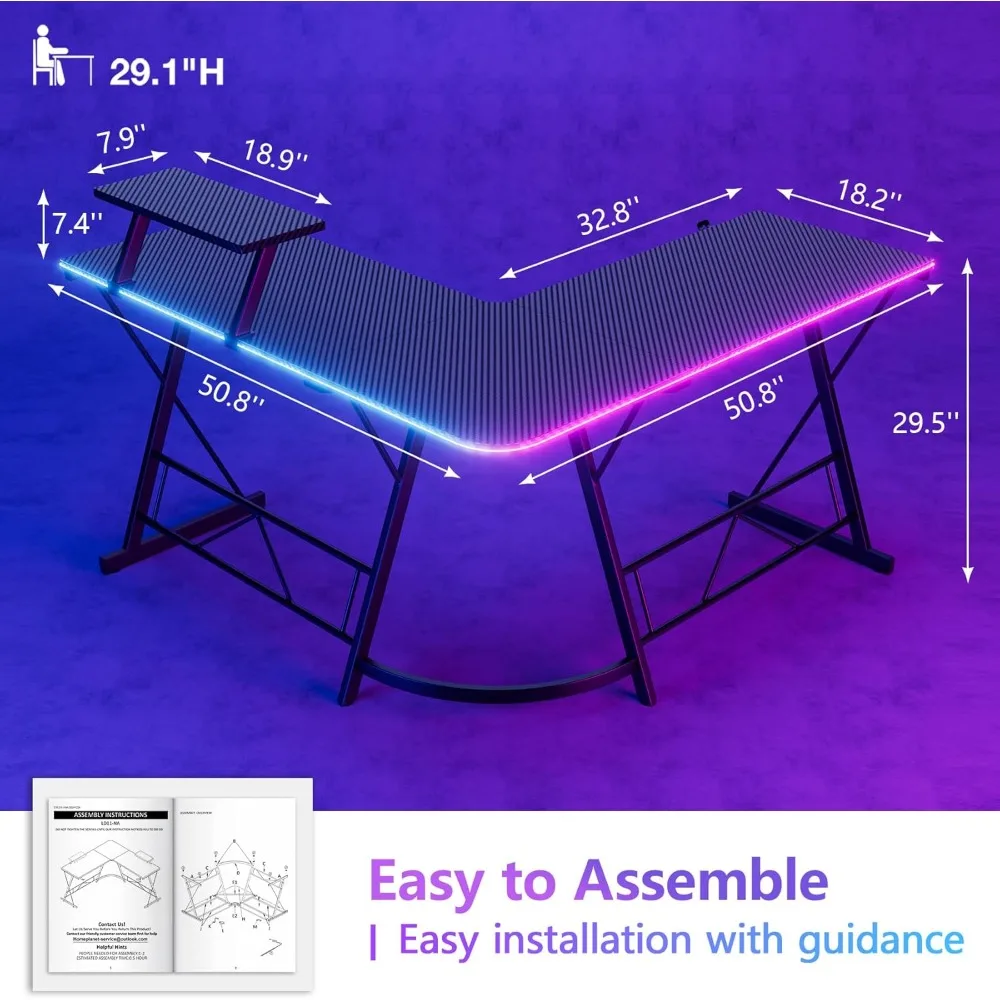مكتب ألعاب Mr IRONSTONE مع أضواء LED، زاوية مكتب على شكل حرف L مع حامل أكواب وخطاف سماعة الرأس، مكتب كمبيوتر مكاتب مكتبية منزلية