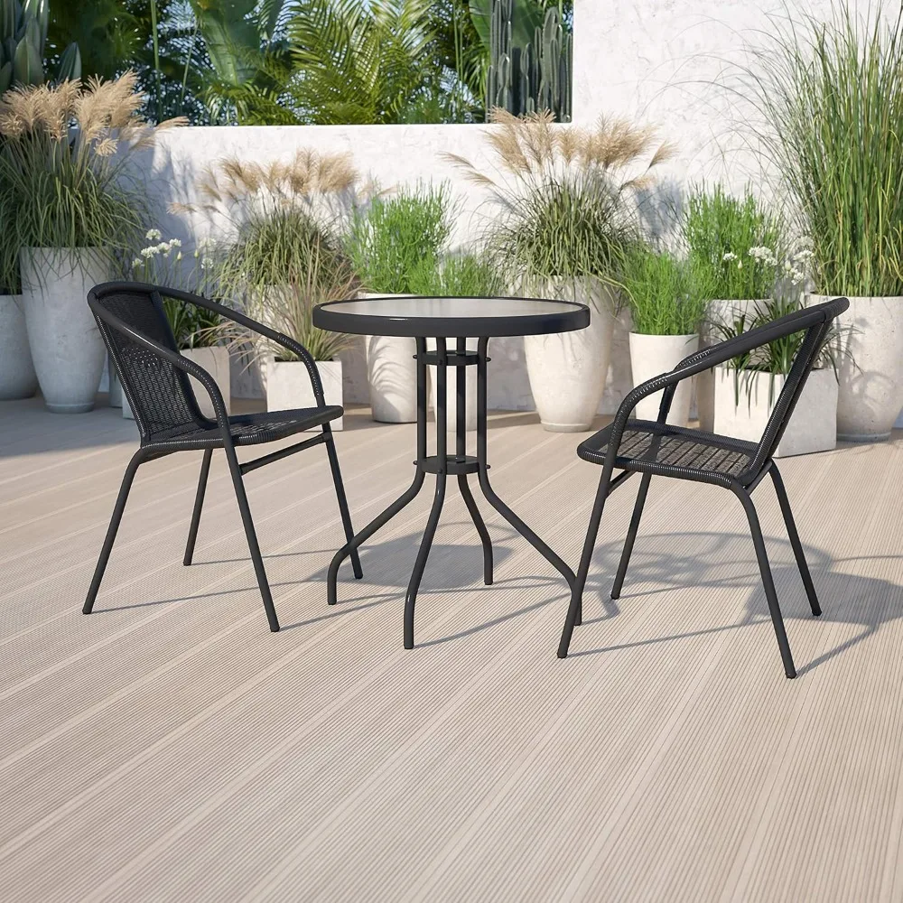 

Lila 23.75'' Round Glass Metal Table with 2 Black Rattan Stack Chairs